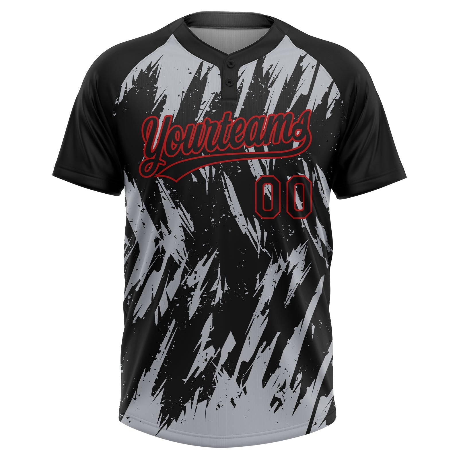 Custom Black Gray-Red Splatter Torn Sharp Brush Stroke Two-Button Unisex Softball Jersey view 2