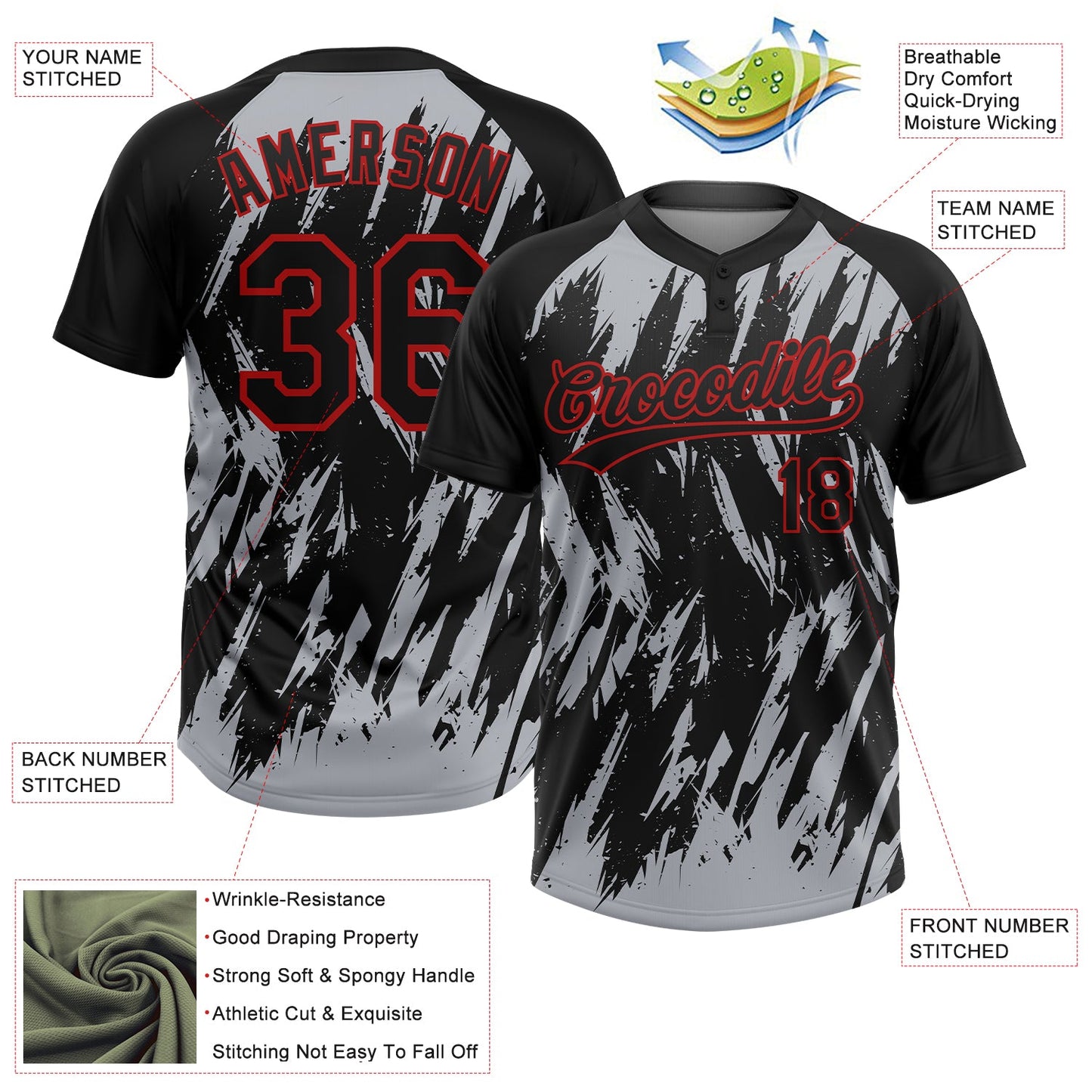 Custom Black Gray-Red Splatter Torn Sharp Brush Stroke Two-Button Unisex Softball Jersey view 3