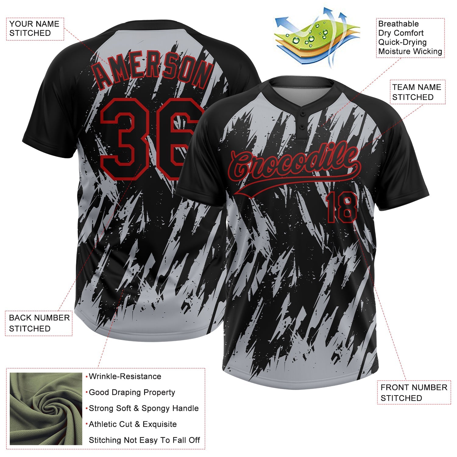 Custom Black Gray-Red Splatter Torn Sharp Brush Stroke Two-Button Unisex Softball Jersey view 3