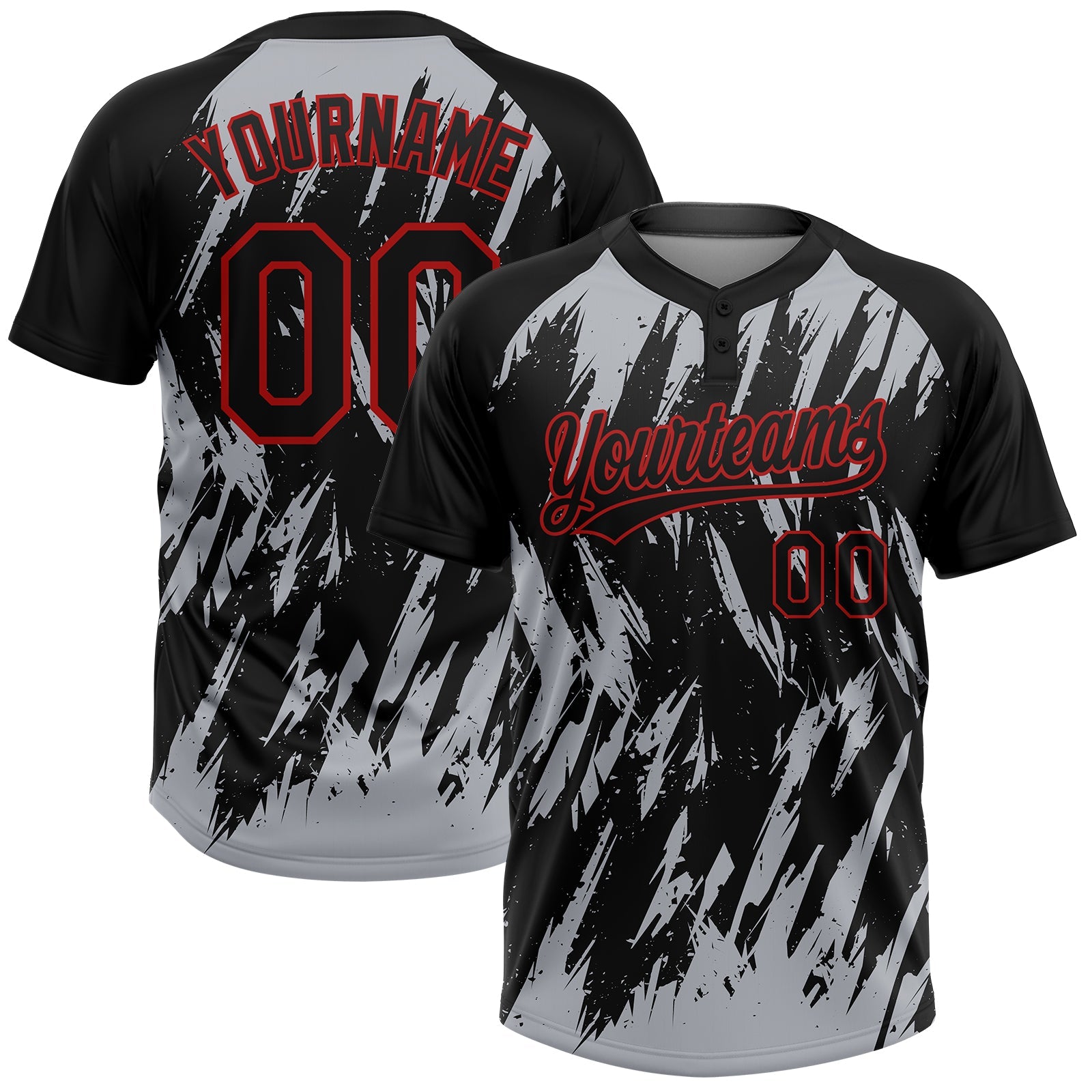 Custom Black Gray-Red Splatter Torn Sharp Brush Stroke Two-Button Unisex Softball Jersey - Main View