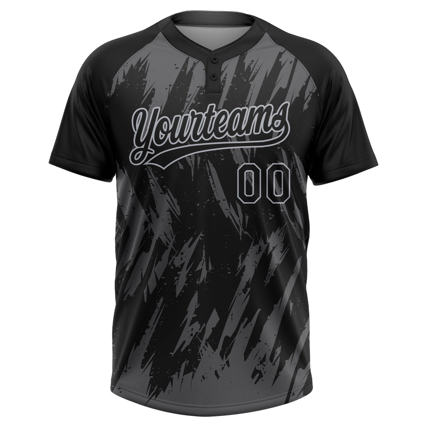 Custom Black Steel Gray-Gray Splatter Torn Sharp Brush Stroke Two-Button Unisex Softball Jersey view 2