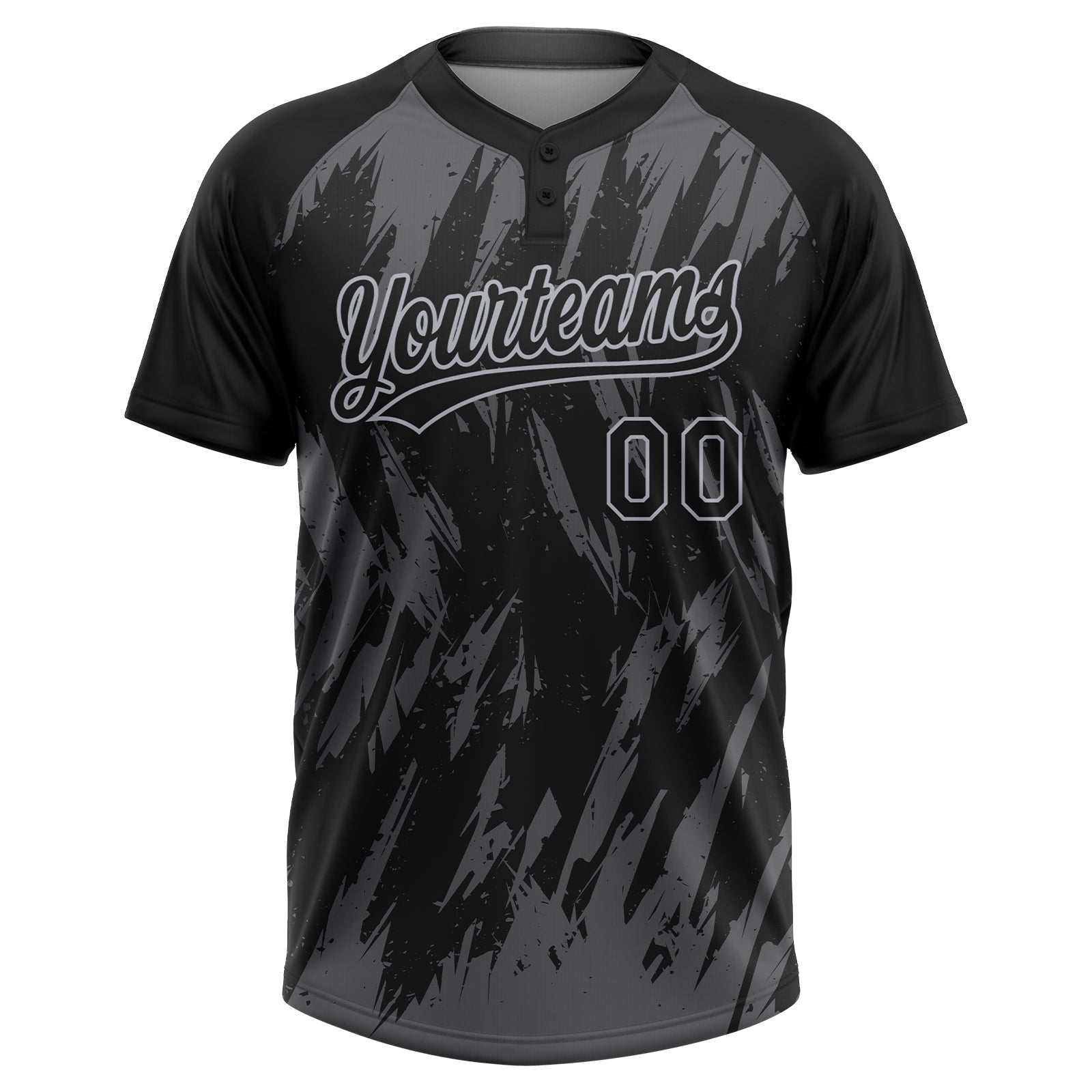 Custom Black Steel Gray-Gray Splatter Torn Sharp Brush Stroke Two-Button Unisex Softball Jersey view 2