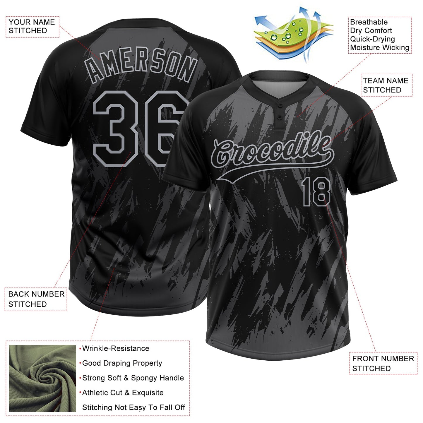 Custom Black Steel Gray-Gray Splatter Torn Sharp Brush Stroke Two-Button Unisex Softball Jersey view 3