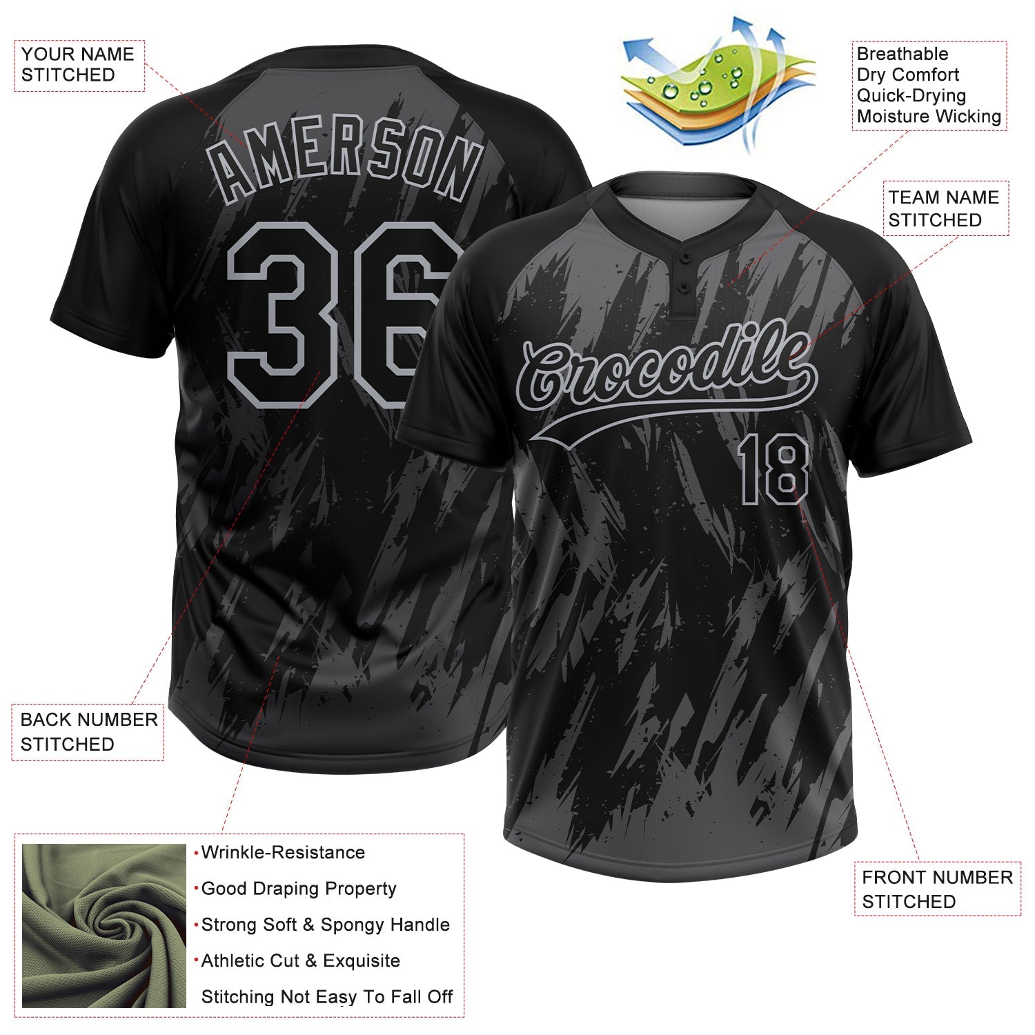 Custom Black Steel Gray-Gray Splatter Torn Sharp Brush Stroke Two-Button Unisex Softball Jersey view 3