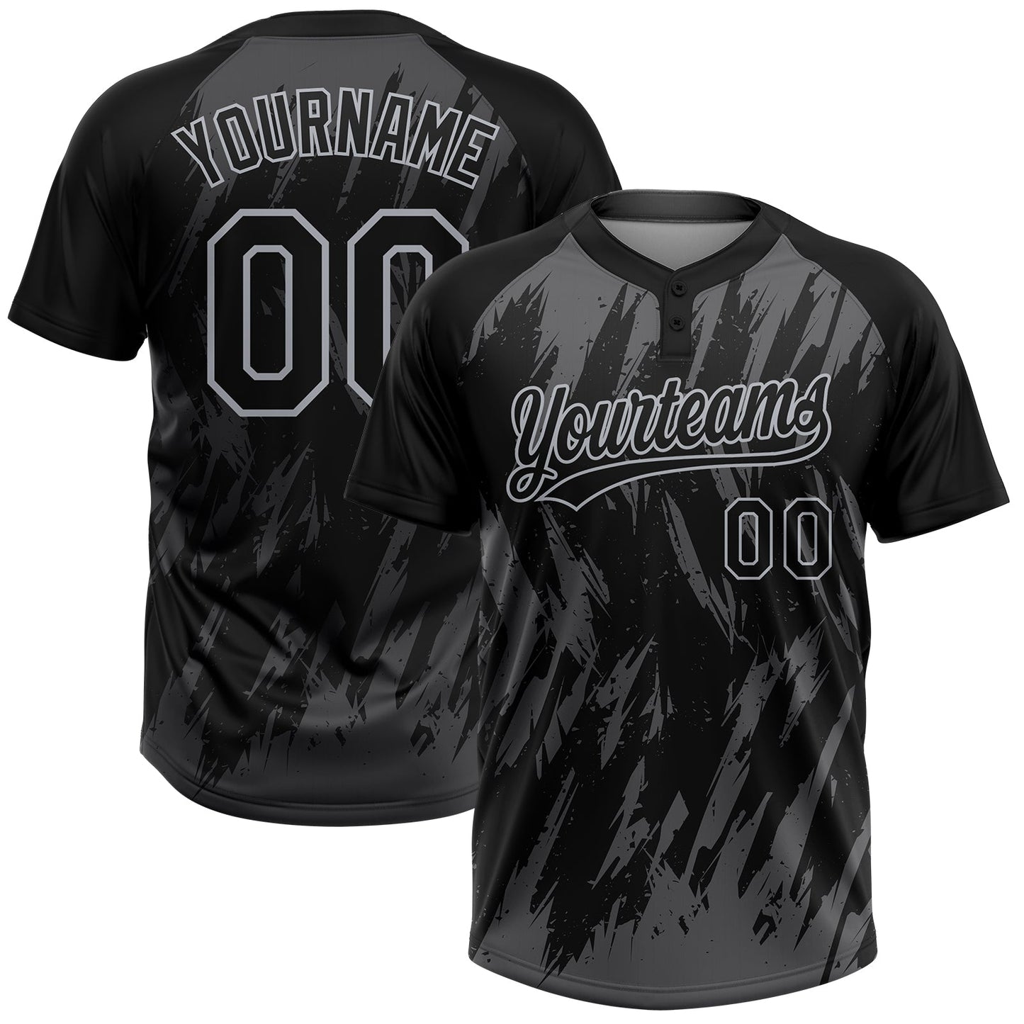 Custom Black Steel Gray-Gray Splatter Torn Sharp Brush Stroke Two-Button Unisex Softball Jersey - Main View