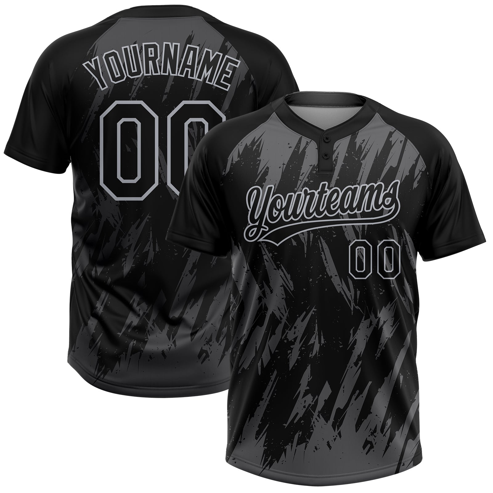 Custom Black Steel Gray-Gray Splatter Torn Sharp Brush Stroke Two-Button Unisex Softball Jersey - Main View