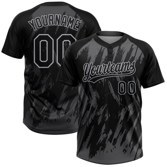 Custom Black Steel Gray-Gray Splatter Torn Sharp Brush Stroke Two-Button Unisex Softball Jersey - Main View