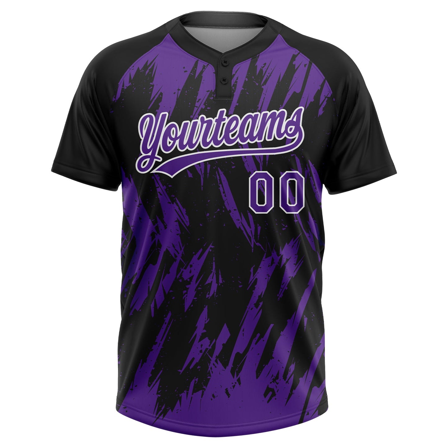 Custom Black Purple-White Splatter Torn Sharp Brush Stroke Two-Button Unisex Softball Jersey view 2
