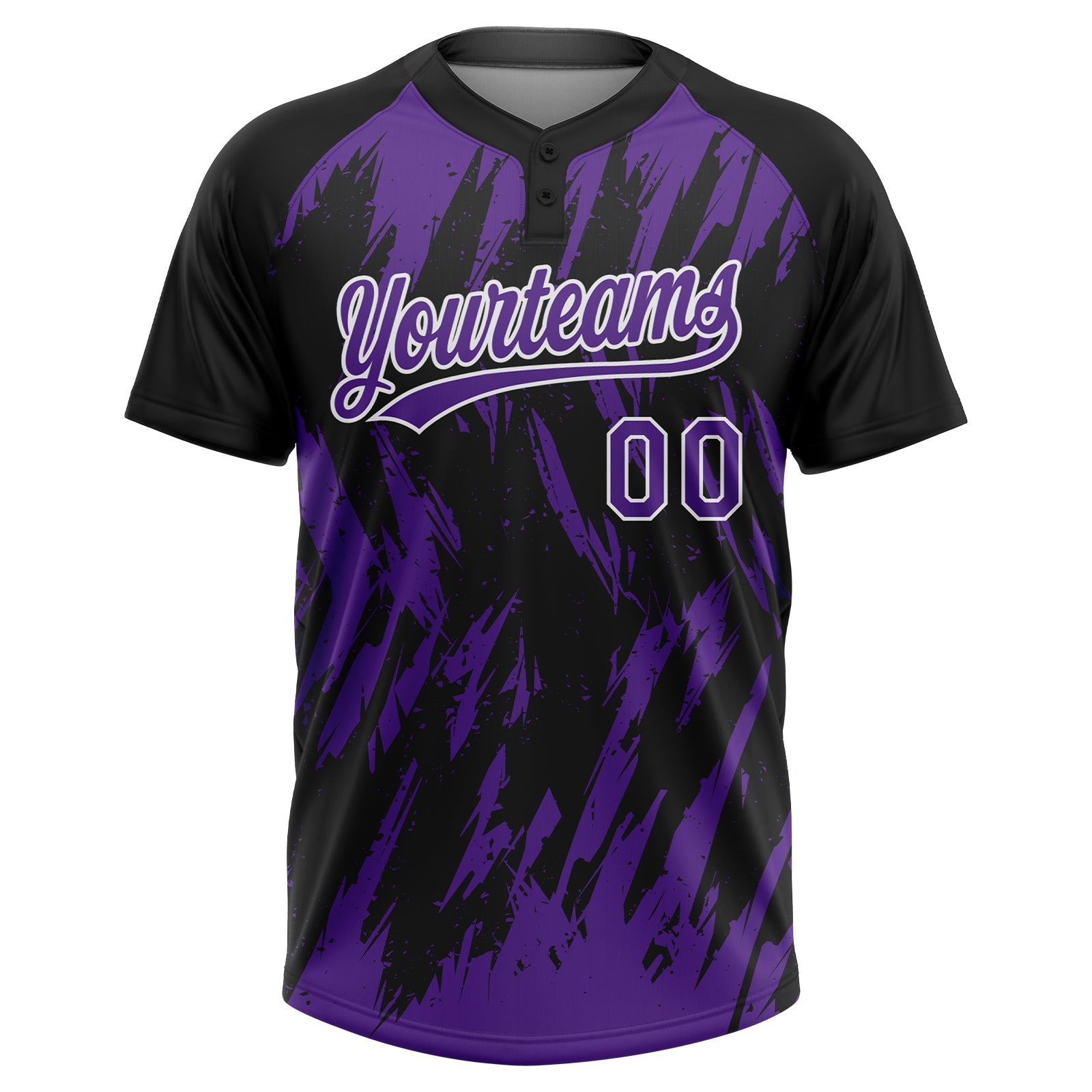 Custom Black Purple-White Splatter Torn Sharp Brush Stroke Two-Button Unisex Softball Jersey view 2