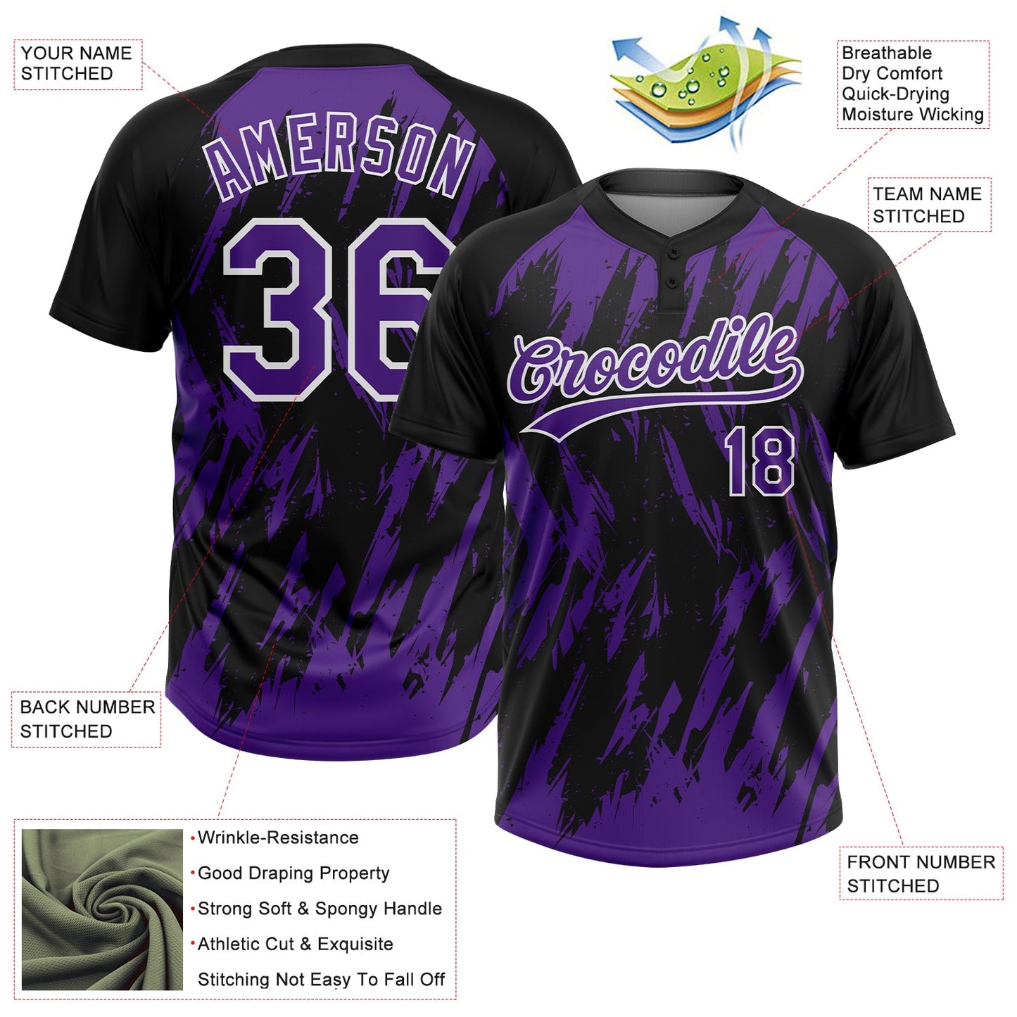 Custom Black Purple-White Splatter Torn Sharp Brush Stroke Two-Button Unisex Softball Jersey view 3