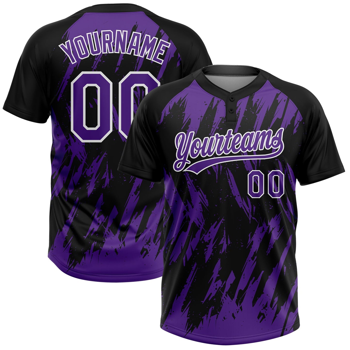 Custom Black Purple-White Splatter Torn Sharp Brush Stroke Two-Button Unisex Softball Jersey - Main View