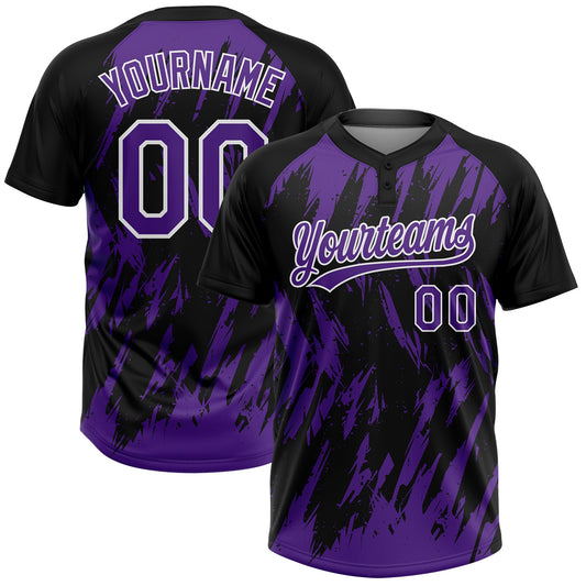 Custom Black Purple-White Splatter Torn Sharp Brush Stroke Two-Button Unisex Softball Jersey - Main View