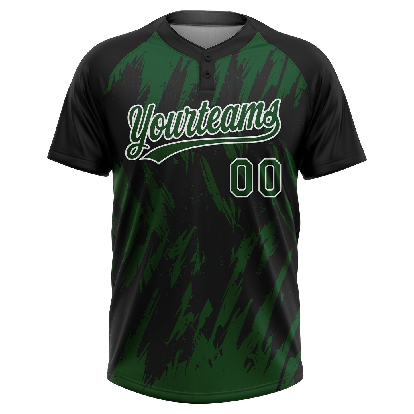Custom Black Green-White Splatter Torn Sharp Brush Stroke Two-Button Unisex Softball Jersey view 2