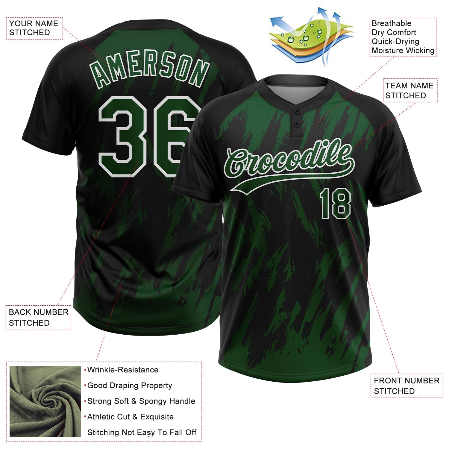 Custom Black Green-White Splatter Torn Sharp Brush Stroke Two-Button Unisex Softball Jersey view 3