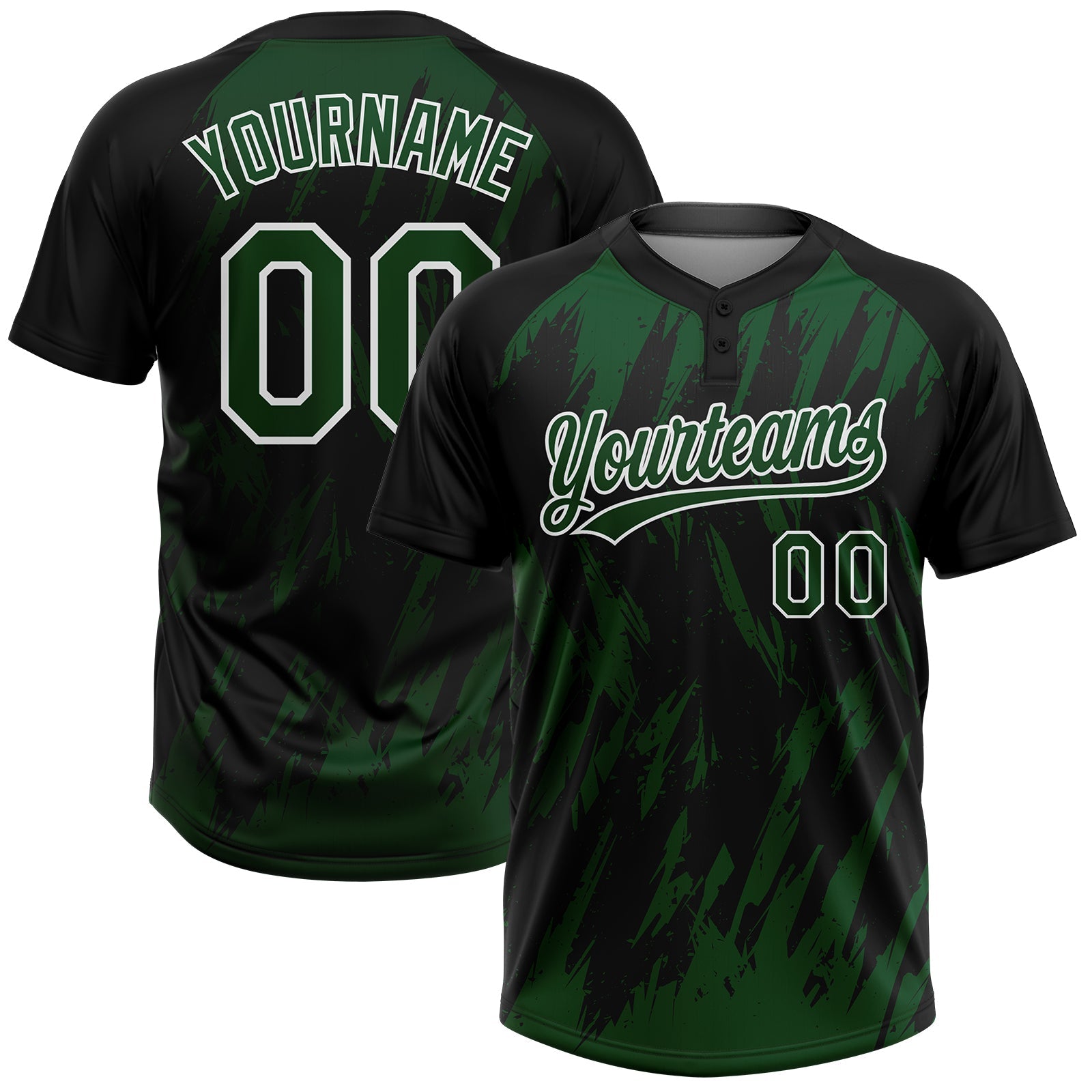 Custom Black Green-White Splatter Torn Sharp Brush Stroke Two-Button Unisex Softball Jersey - Main View