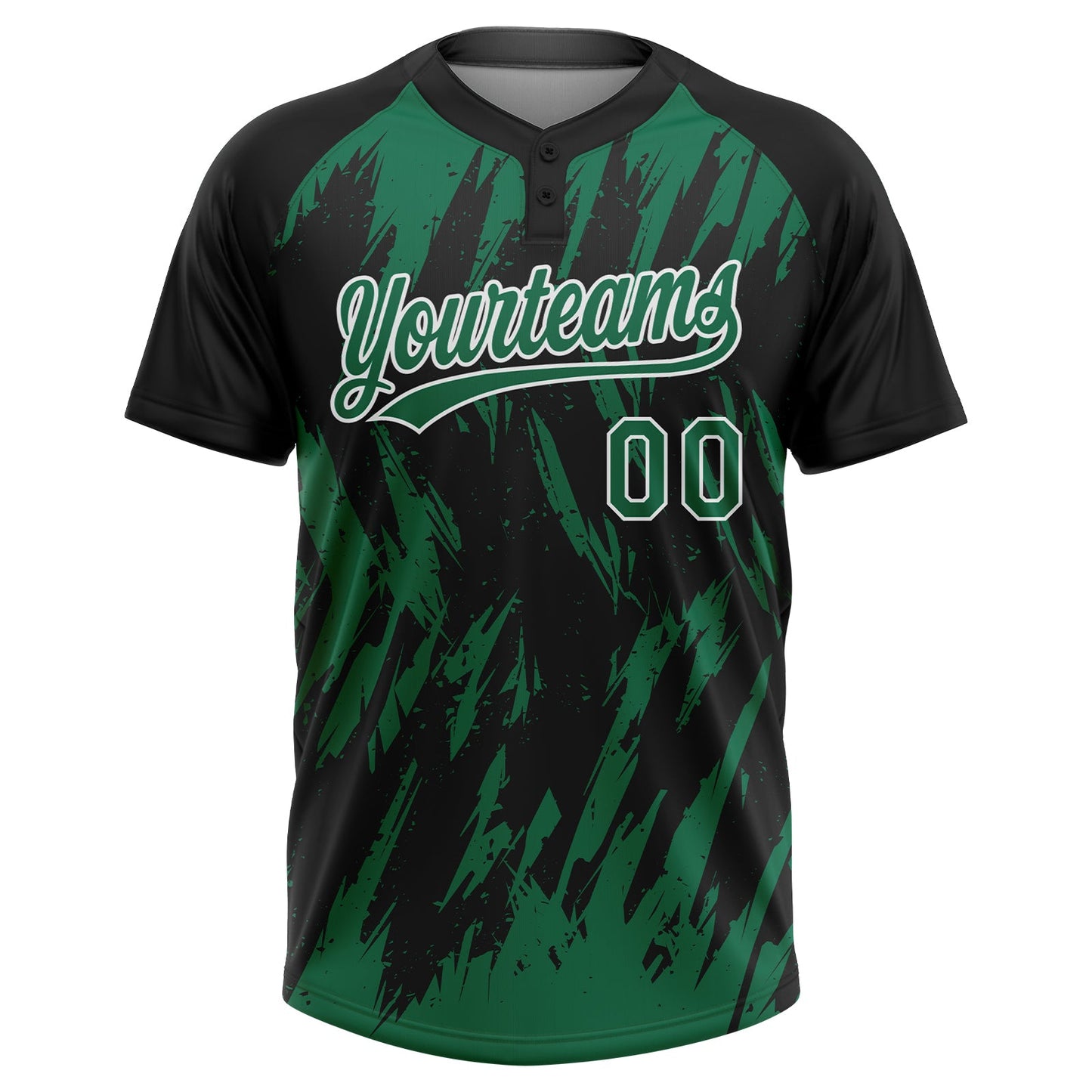 Custom Black Kelly Green-White Splatter Torn Sharp Brush Stroke Two-Button Unisex Softball Jersey view 2