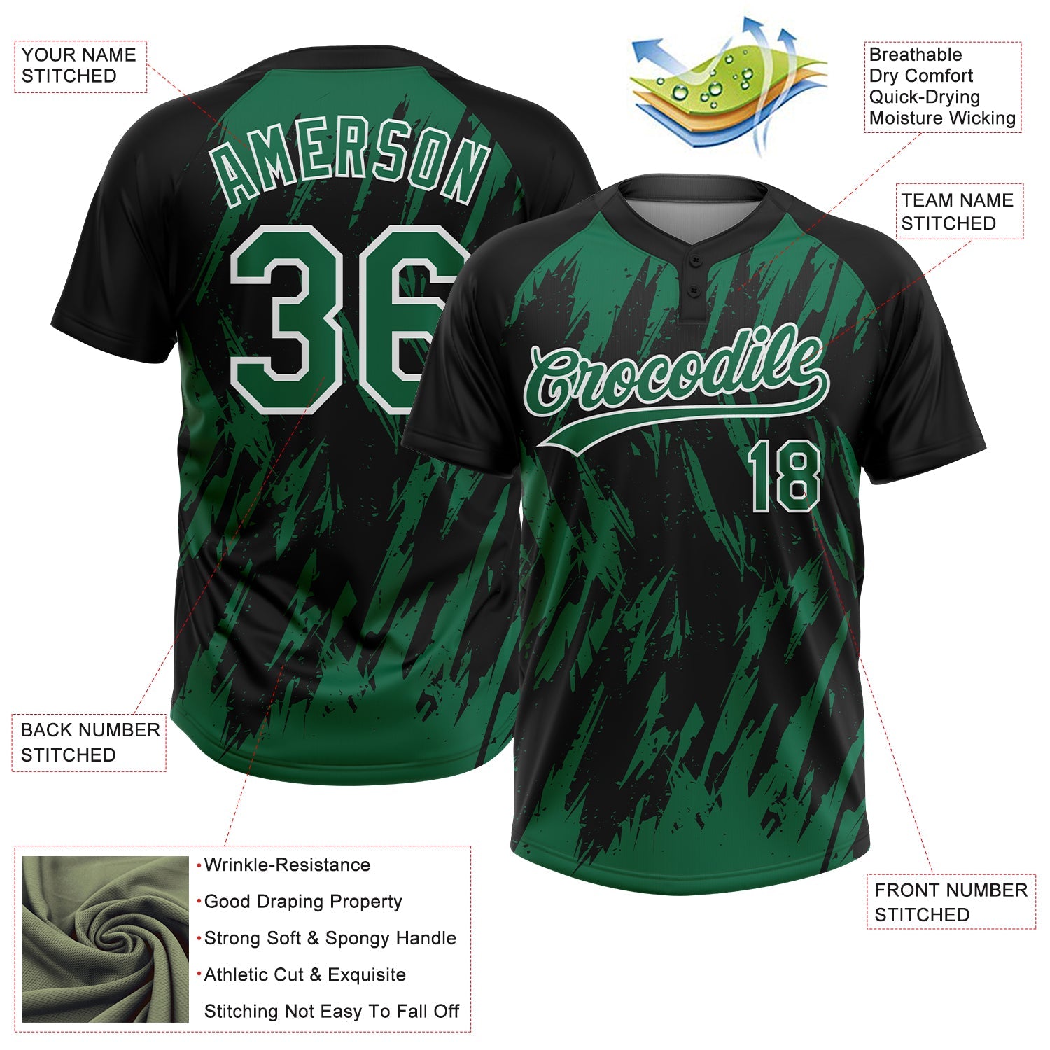 Custom Black Kelly Green-White Splatter Torn Sharp Brush Stroke Two-Button Unisex Softball Jersey view 3