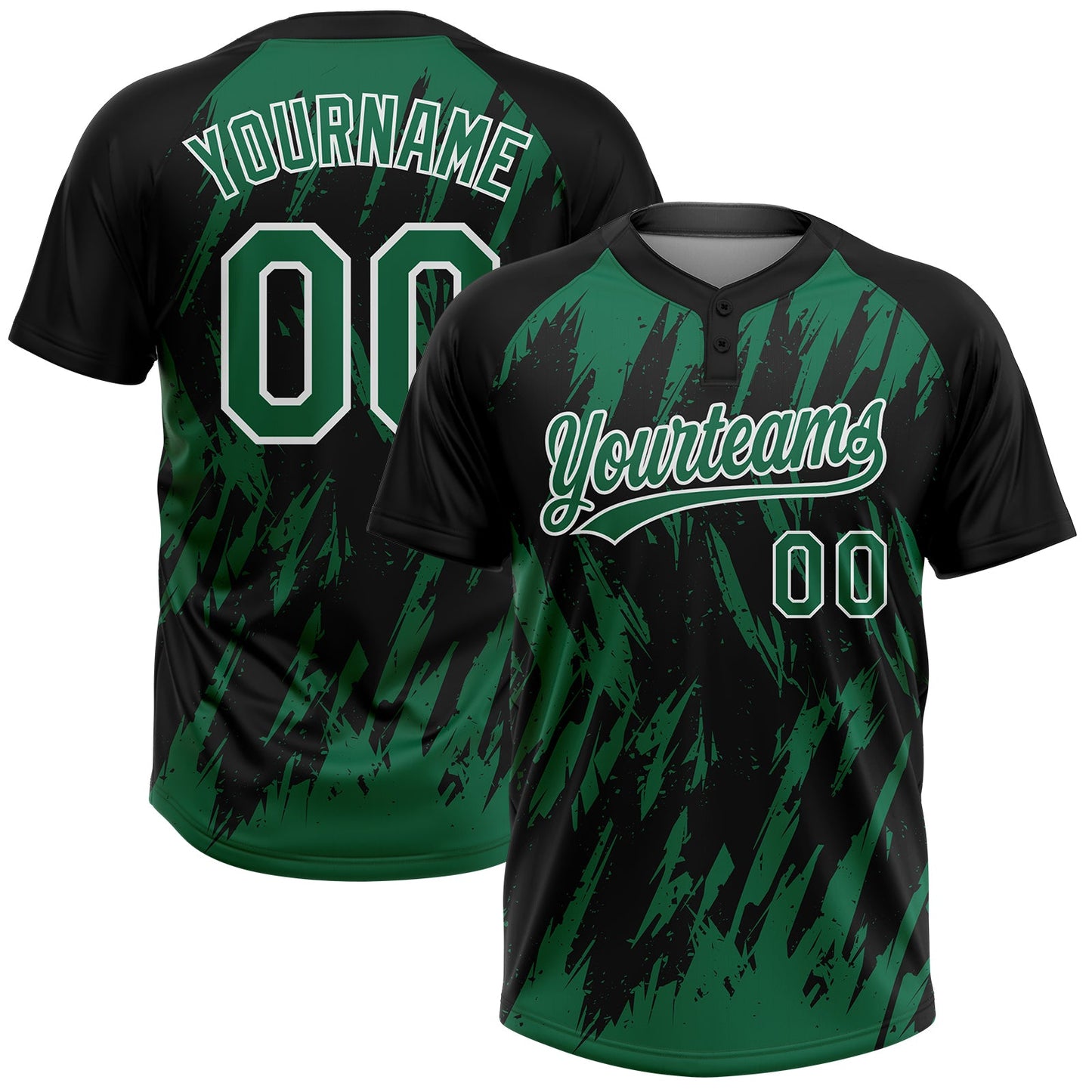 Custom Black Kelly Green-White Splatter Torn Sharp Brush Stroke Two-Button Unisex Softball Jersey - Main View