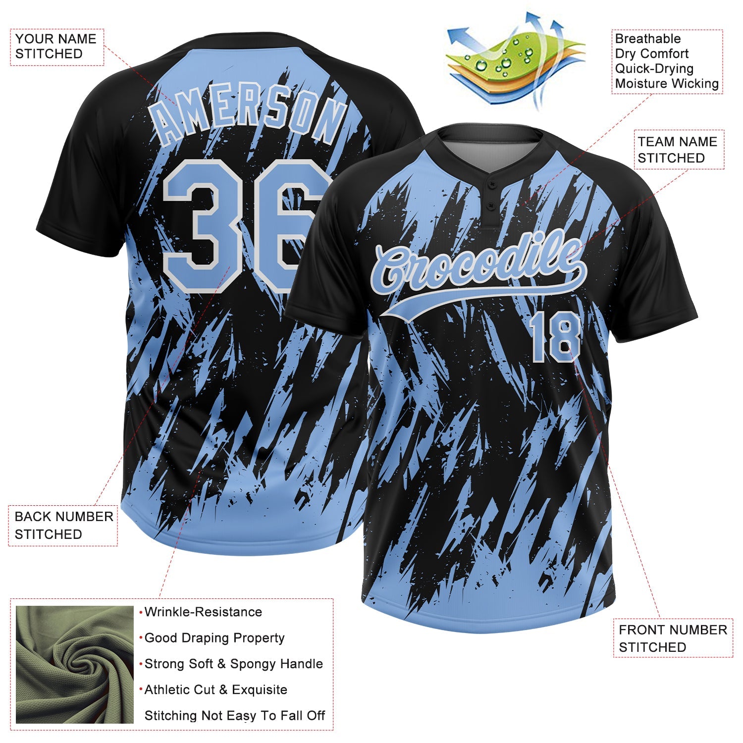 Custom Black Light Blue-White Splatter Torn Sharp Brush Stroke Two-Button Unisex Softball Jersey view 3
