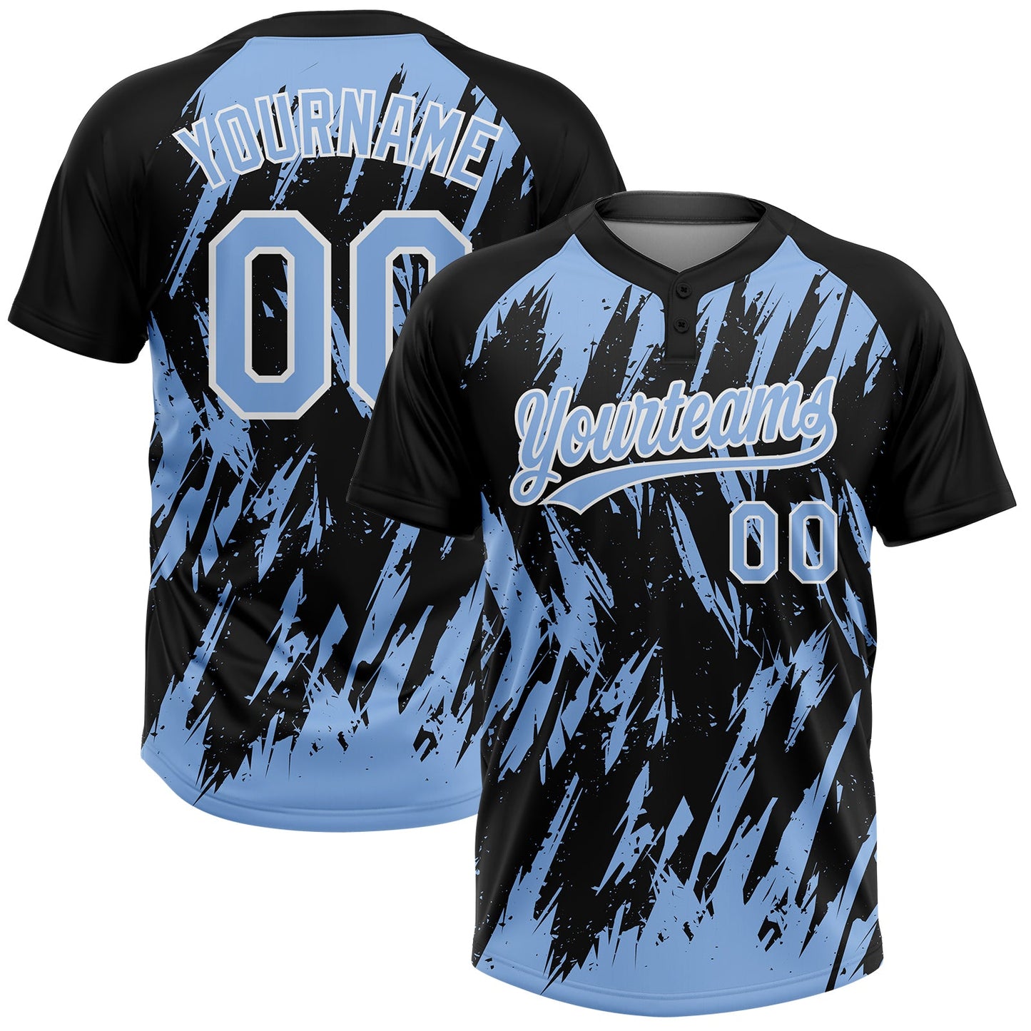 Custom Black Light Blue-White Splatter Torn Sharp Brush Stroke Two-Button Unisex Softball Jersey - Main View