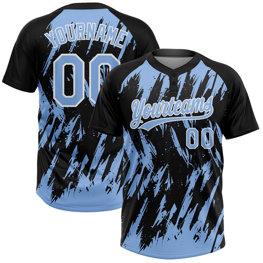 Custom Black Light Blue-White Splatter Torn Sharp Brush Stroke Two-Button Unisex Softball Jersey - Main View