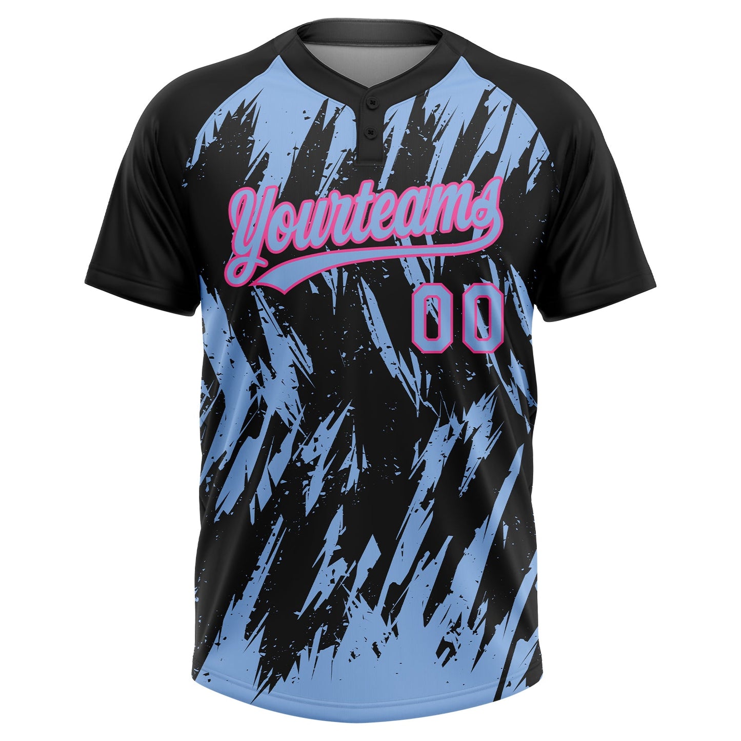 Custom Black Light Blue-Pink Splatter Torn Sharp Brush Stroke Two-Button Unisex Softball Jersey view 2