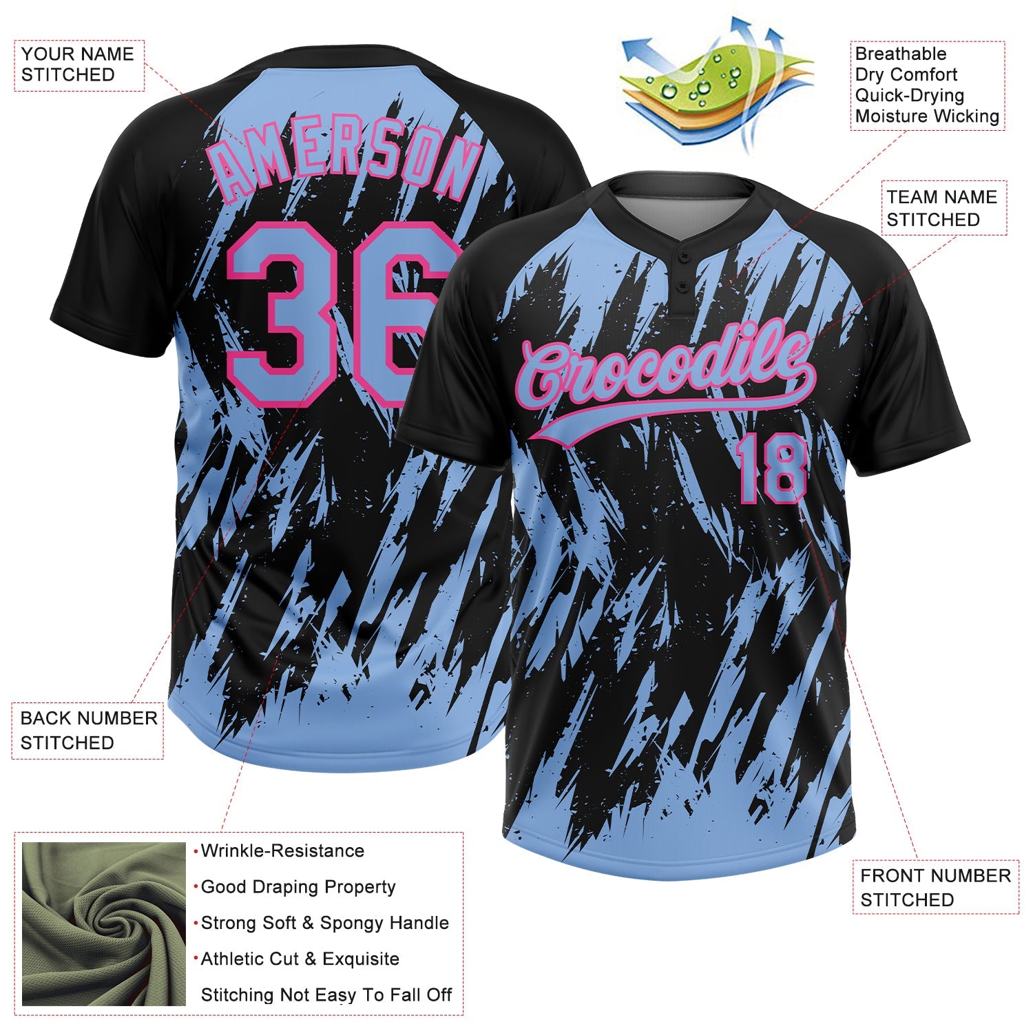 Custom Black Light Blue-Pink Splatter Torn Sharp Brush Stroke Two-Button Unisex Softball Jersey view 3