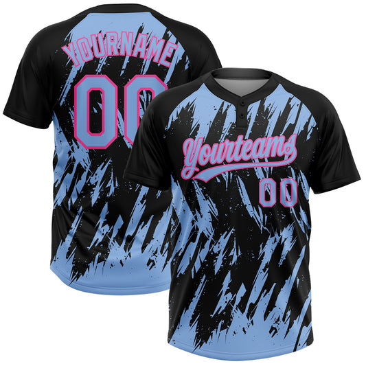 Custom Black Light Blue-Pink Splatter Torn Sharp Brush Stroke Two-Button Unisex Softball Jersey - Main View