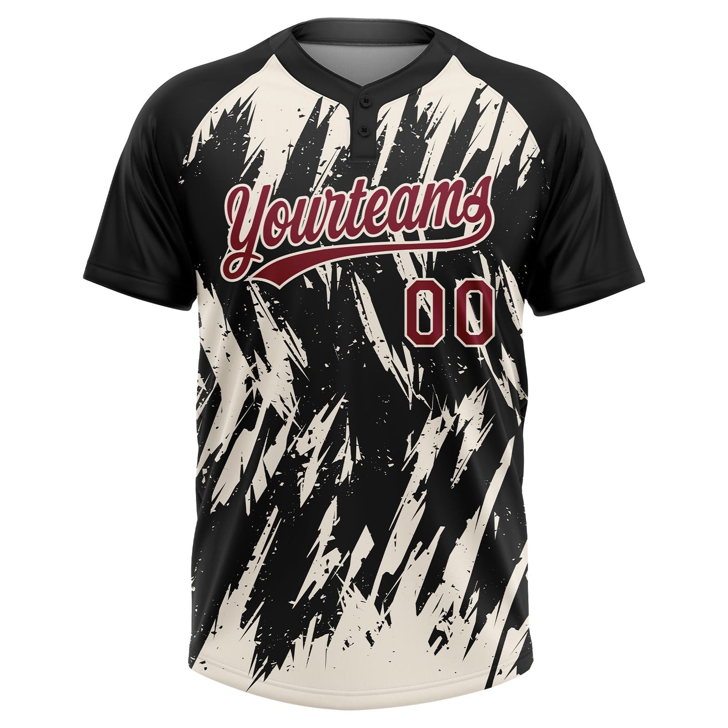 Custom Black Crimson-Cream Splatter Torn Sharp Brush Stroke Two-Button Unisex Softball Jersey view 2
