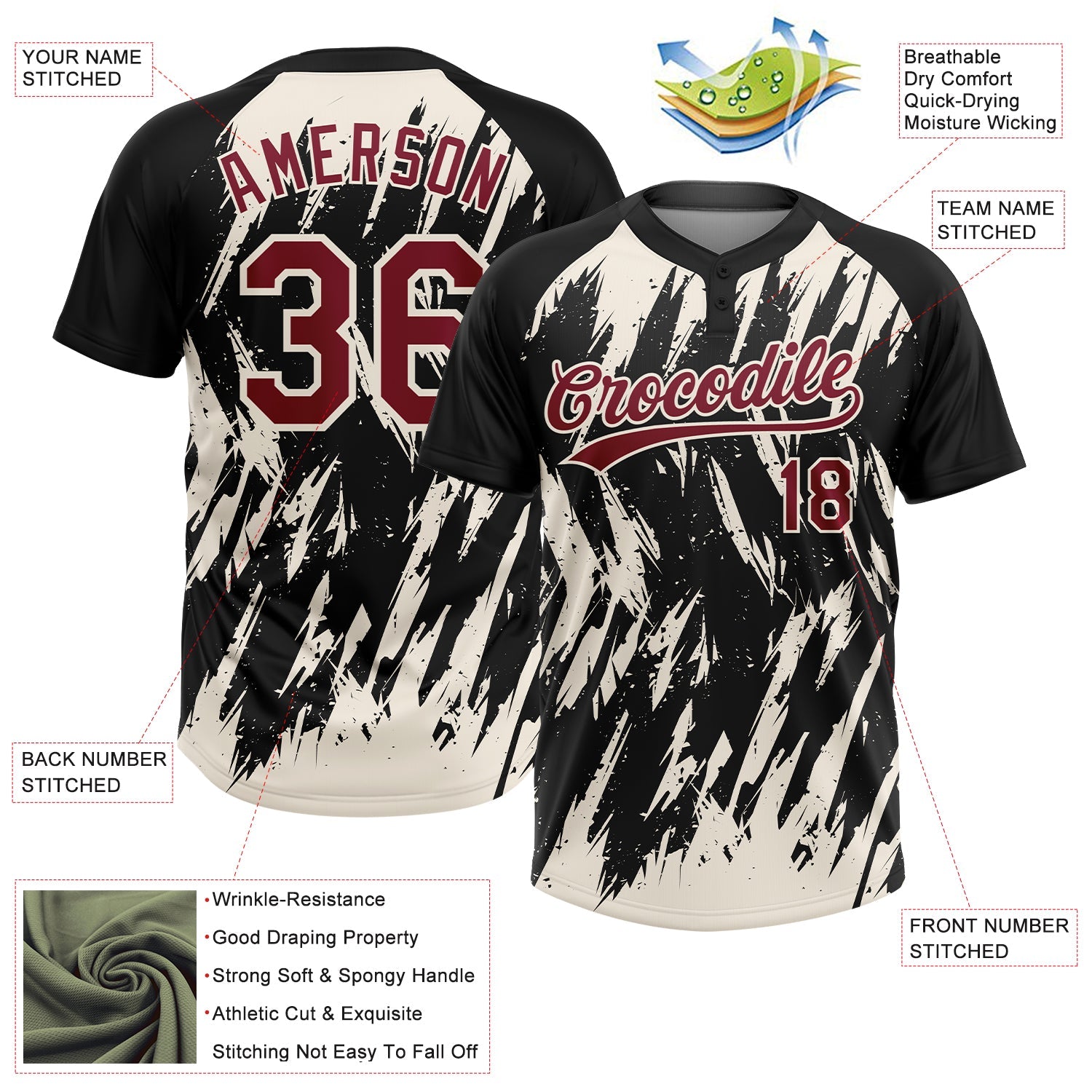 Custom Black Crimson-Cream Splatter Torn Sharp Brush Stroke Two-Button Unisex Softball Jersey view 3
