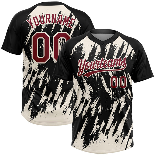 Custom Black Crimson-Cream Splatter Torn Sharp Brush Stroke Two-Button Unisex Softball Jersey - Main View