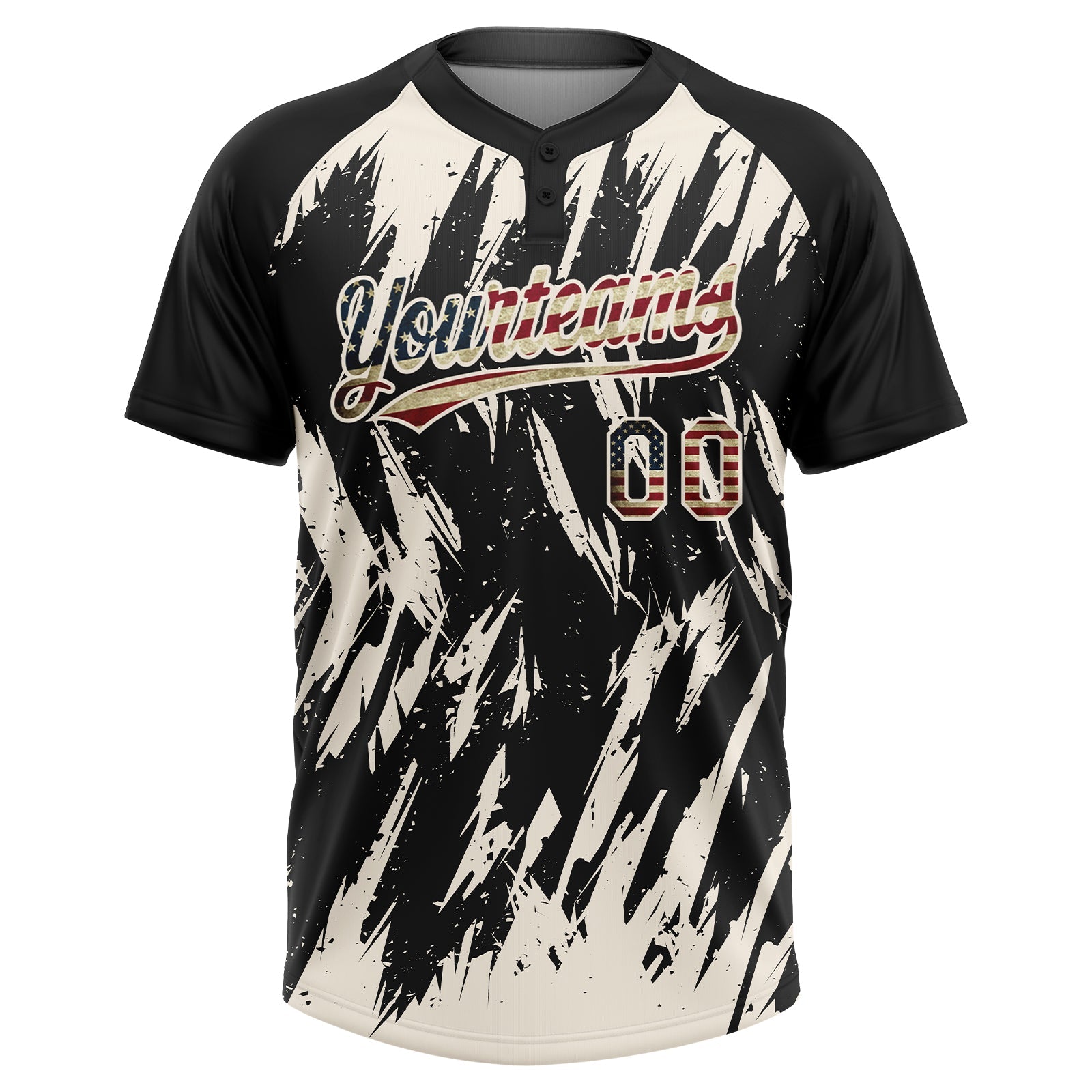 Custom Black Vintage USA Flag-Cream Splatter Torn Sharp Brush Stroke Two-Button Unisex Softball Jersey view 2