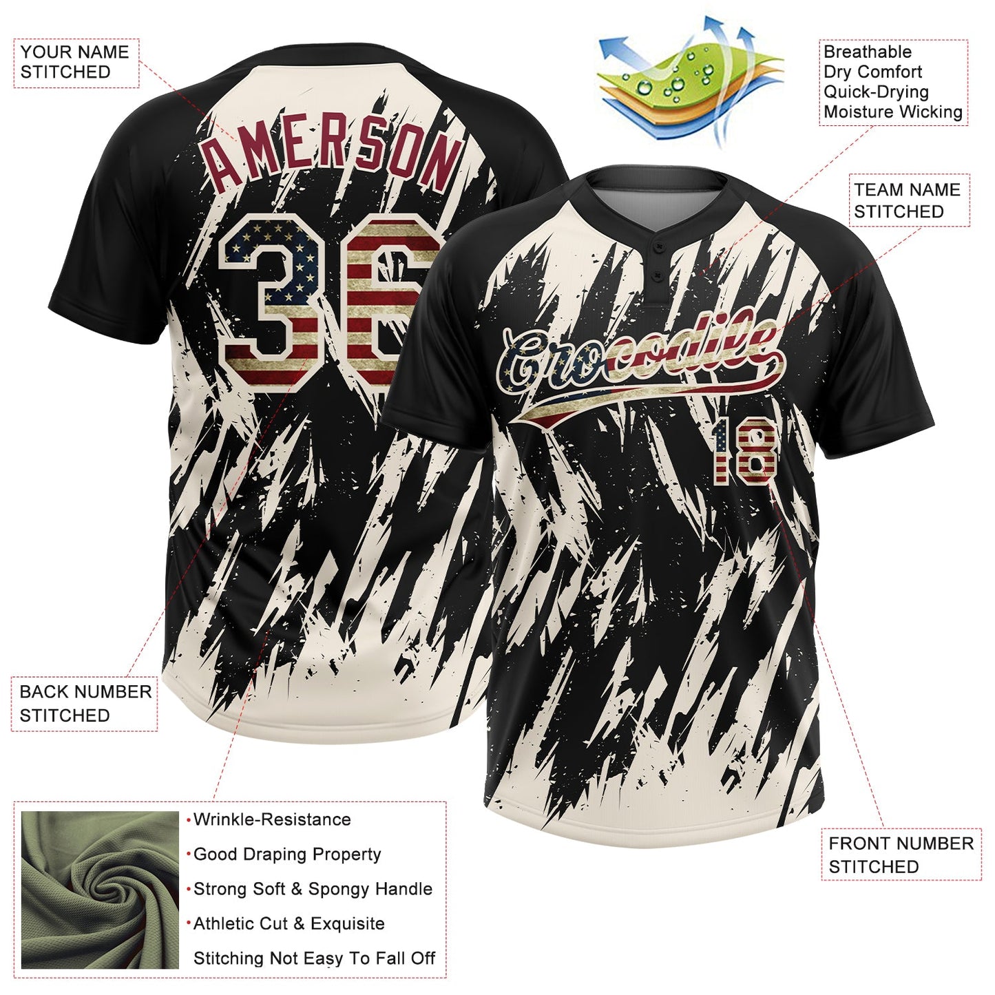 Custom Black Vintage USA Flag-Cream Splatter Torn Sharp Brush Stroke Two-Button Unisex Softball Jersey view 3