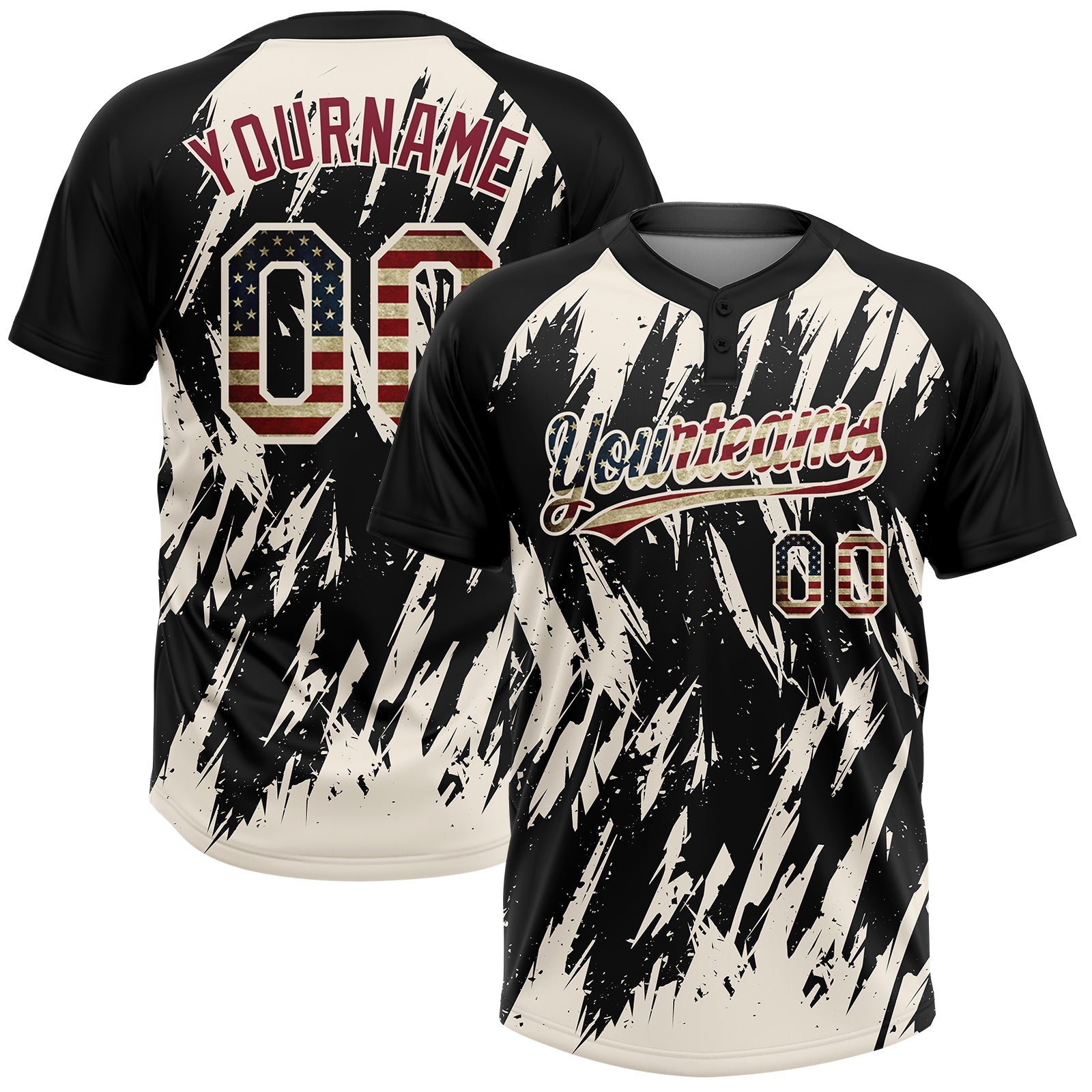 Custom Black Vintage USA Flag-Cream Splatter Torn Sharp Brush Stroke Two-Button Unisex Softball Jersey - Main View