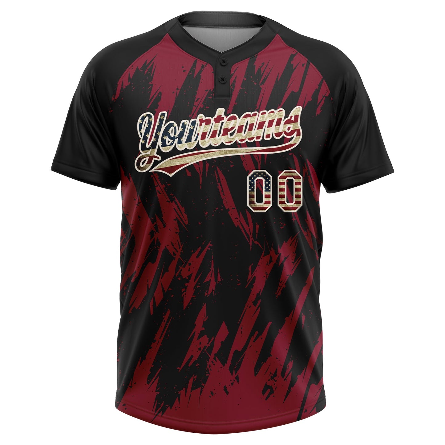 Custom Black Vintage USA Flag Crimson-Cream Splatter Torn Sharp Brush Stroke Two-Button Unisex Softball Jersey view 2