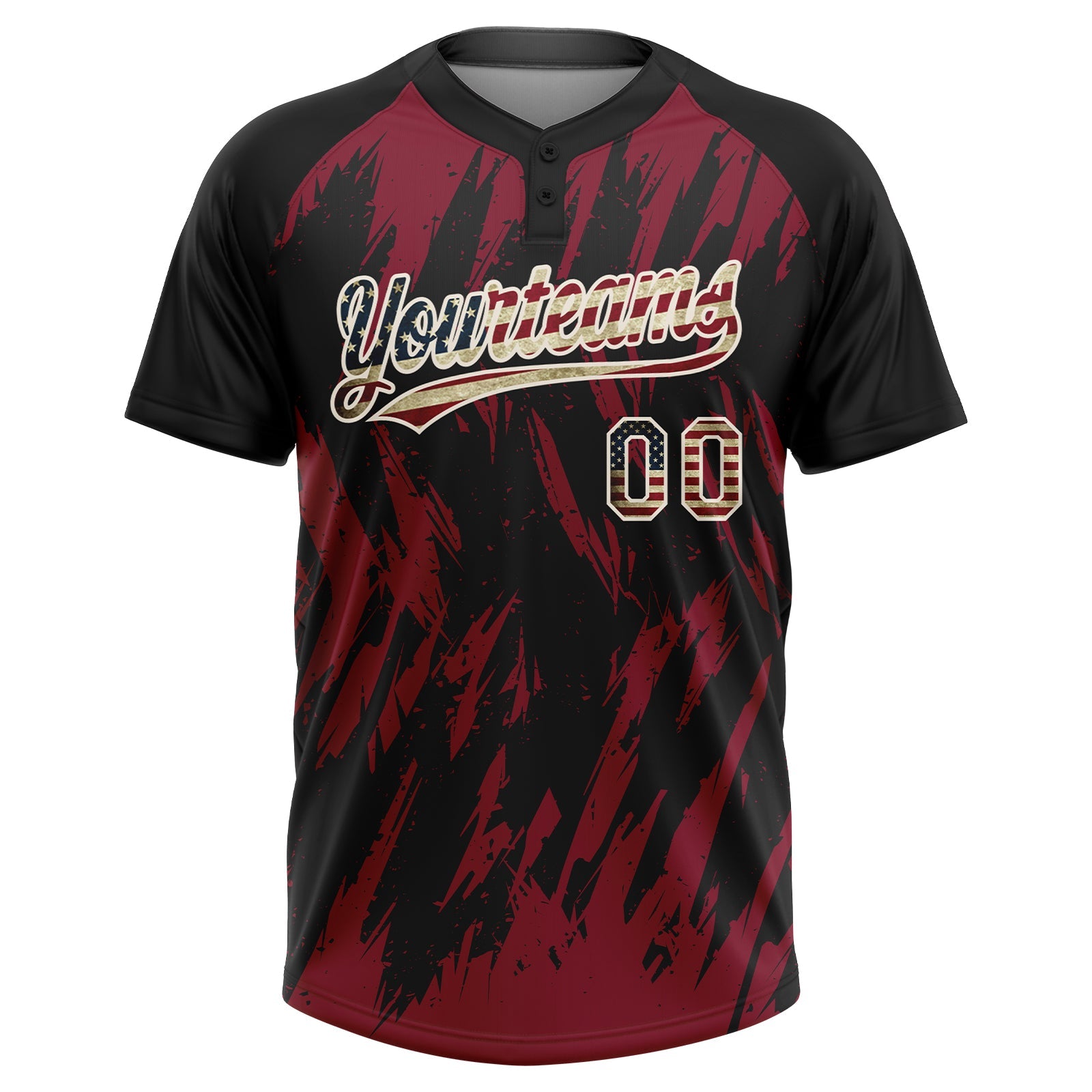Custom Black Vintage USA Flag Crimson-Cream Splatter Torn Sharp Brush Stroke Two-Button Unisex Softball Jersey view 2