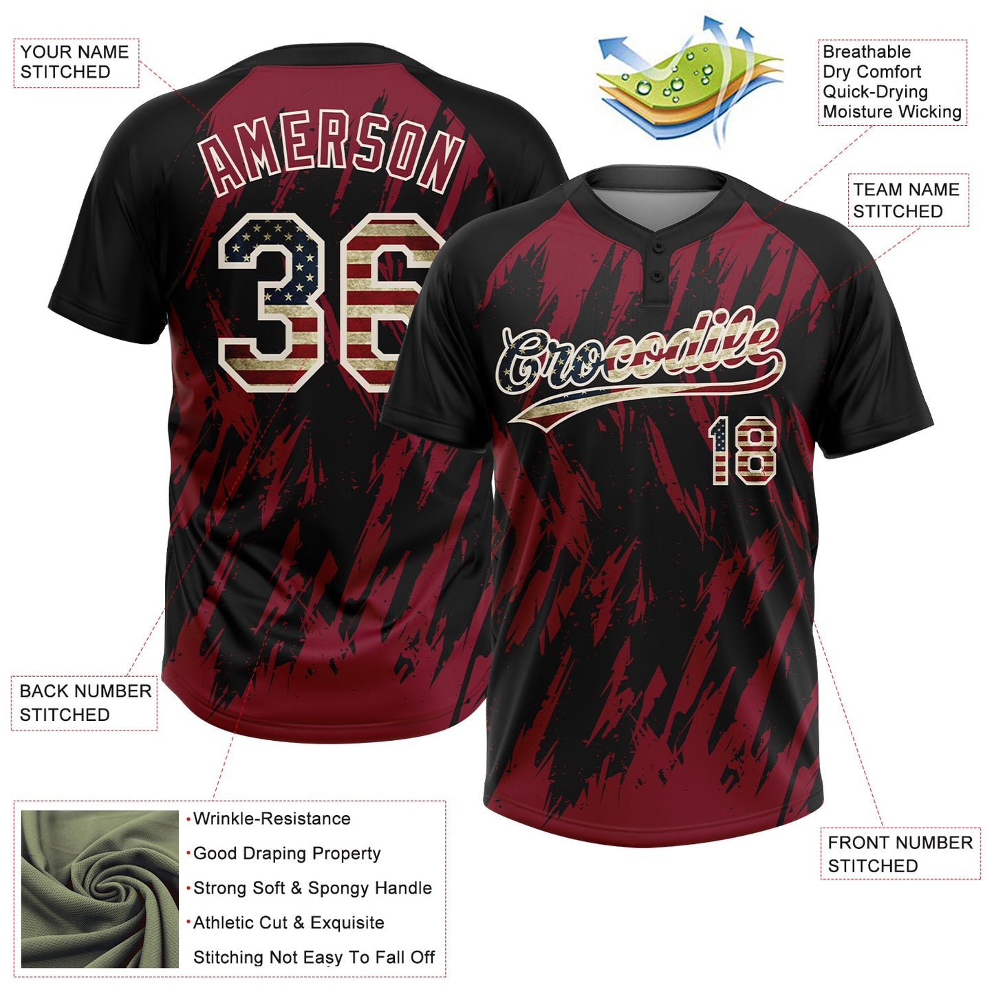 Custom Black Vintage USA Flag Crimson-Cream Splatter Torn Sharp Brush Stroke Two-Button Unisex Softball Jersey view 3