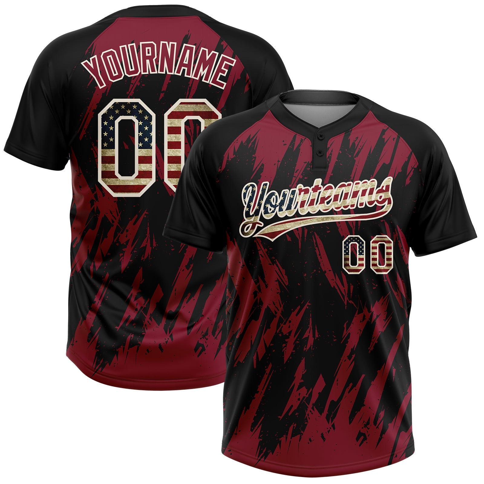 Custom Black Vintage USA Flag Crimson-Cream Splatter Torn Sharp Brush Stroke Two-Button Unisex Softball Jersey - Main View