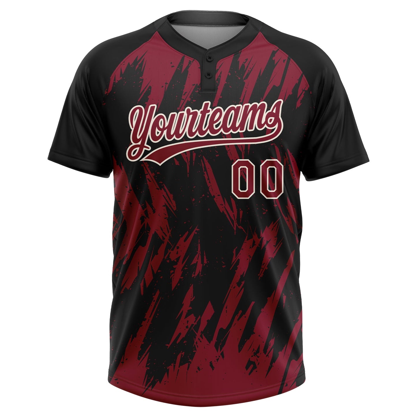 Custom Black Crimson-Cream Splatter Torn Sharp Brush Stroke Two-Button Unisex Softball Jersey view 2