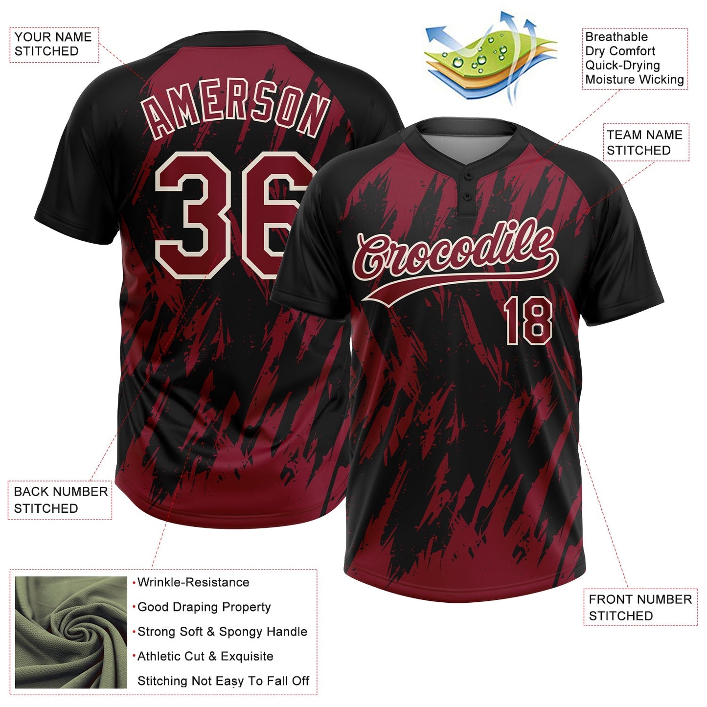 Custom Black Crimson-Cream Splatter Torn Sharp Brush Stroke Two-Button Unisex Softball Jersey view 3
