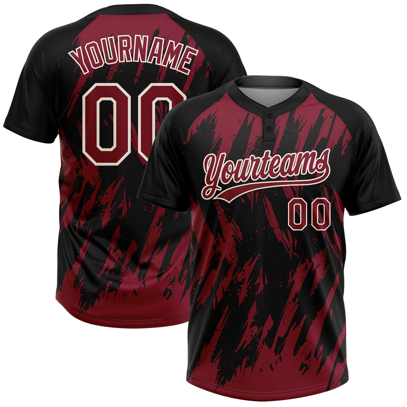 Custom Black Crimson-Cream Splatter Torn Sharp Brush Stroke Two-Button Unisex Softball Jersey - Main View