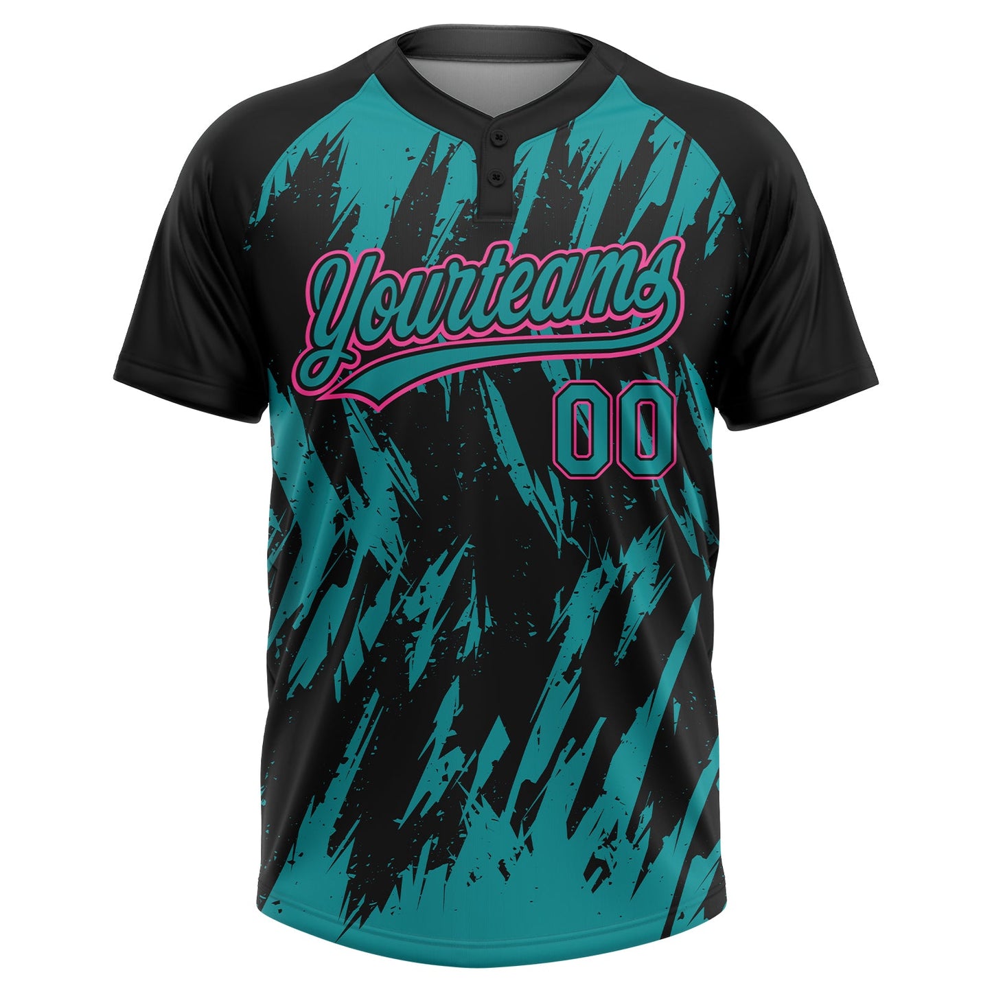Custom Black Teal-Pink Splatter Torn Sharp Brush Stroke Two-Button Unisex Softball Jersey view 2
