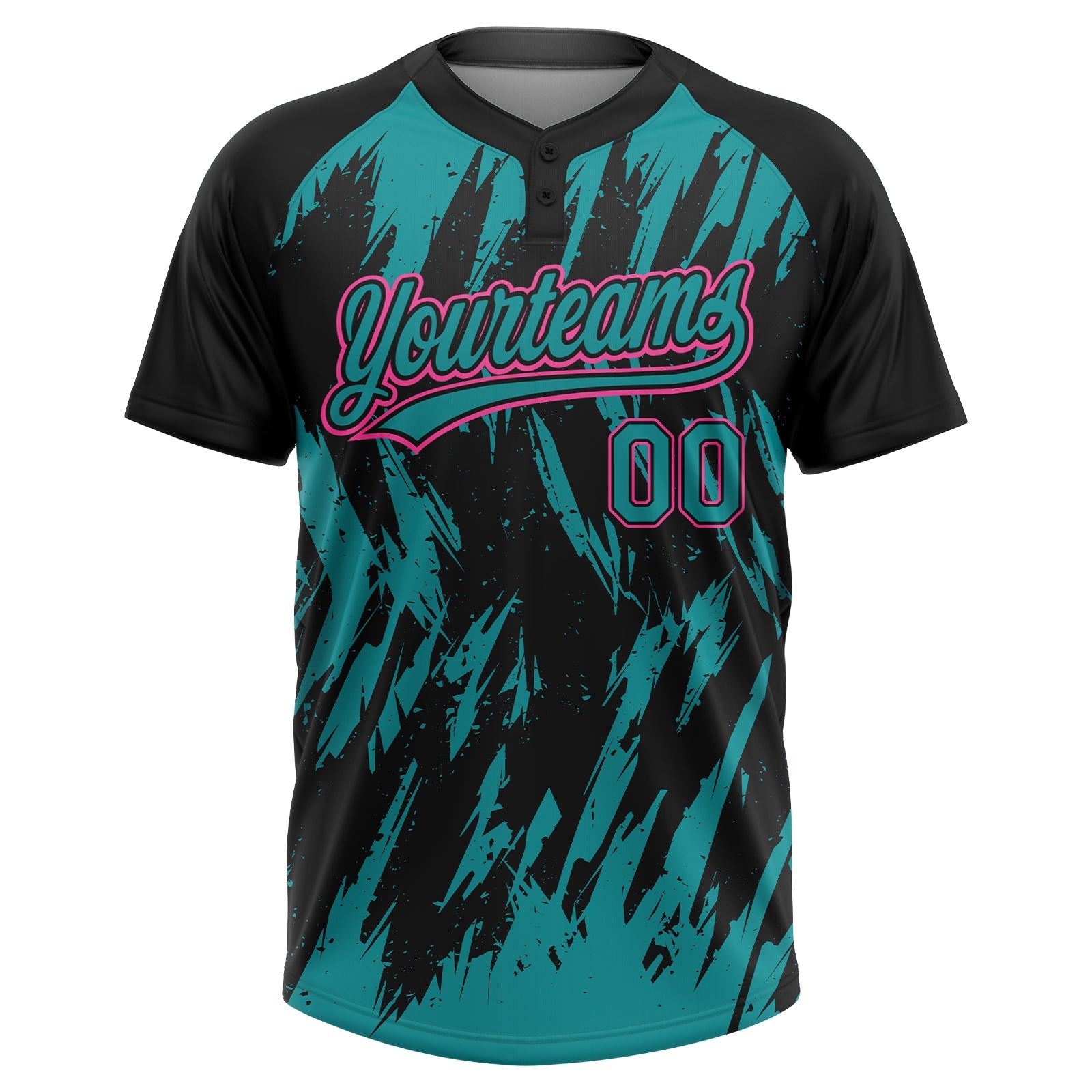 Custom Black Teal-Pink Splatter Torn Sharp Brush Stroke Two-Button Unisex Softball Jersey view 2