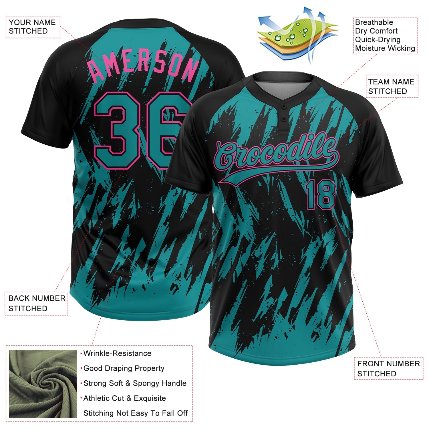 Custom Black Teal-Pink Splatter Torn Sharp Brush Stroke Two-Button Unisex Softball Jersey view 3