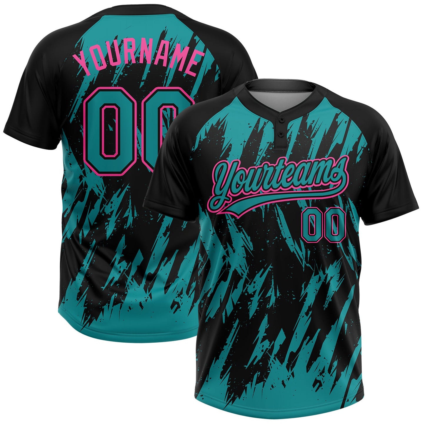 Custom Black Teal-Pink Splatter Torn Sharp Brush Stroke Two-Button Unisex Softball Jersey - Main View