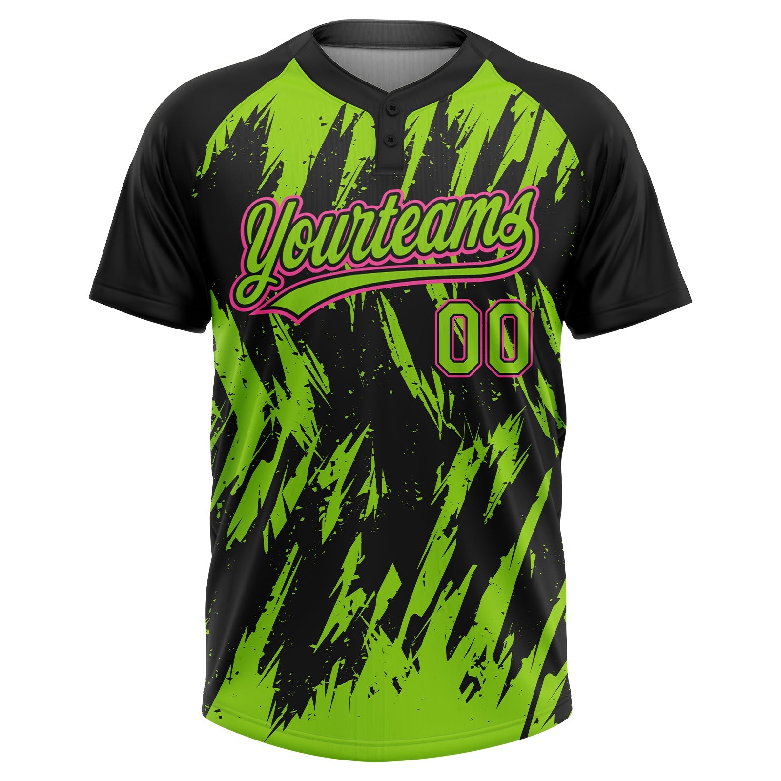 Custom Black Neon Green-Pink Splatter Torn Sharp Brush Stroke Two-Button Unisex Softball Jersey view 2