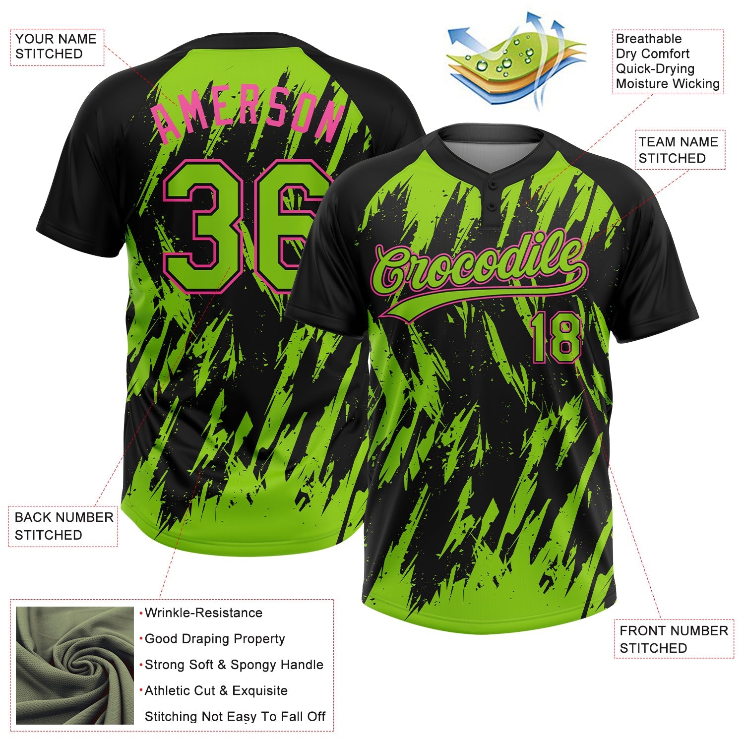 Custom Black Neon Green-Pink Splatter Torn Sharp Brush Stroke Two-Button Unisex Softball Jersey view 3