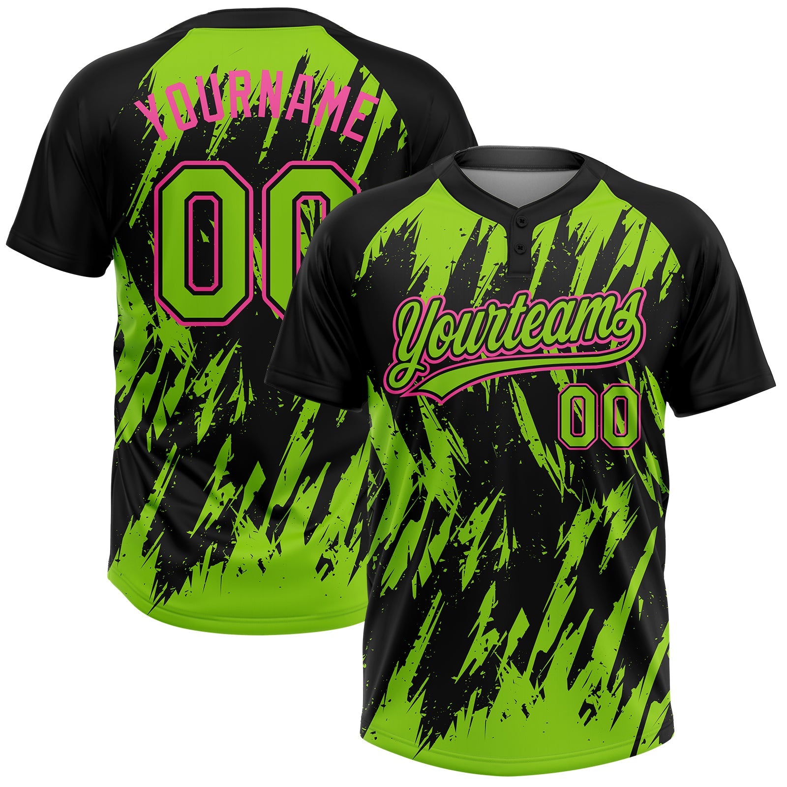 Custom Black Neon Green-Pink Splatter Torn Sharp Brush Stroke Two-Button Unisex Softball Jersey - Main View