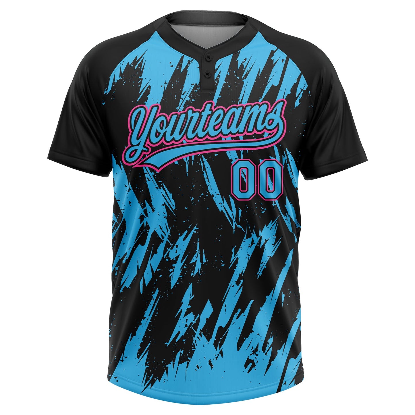 Custom Black Sky Blue-Pink Splatter Torn Sharp Brush Stroke Two-Button Unisex Softball Jersey view 2