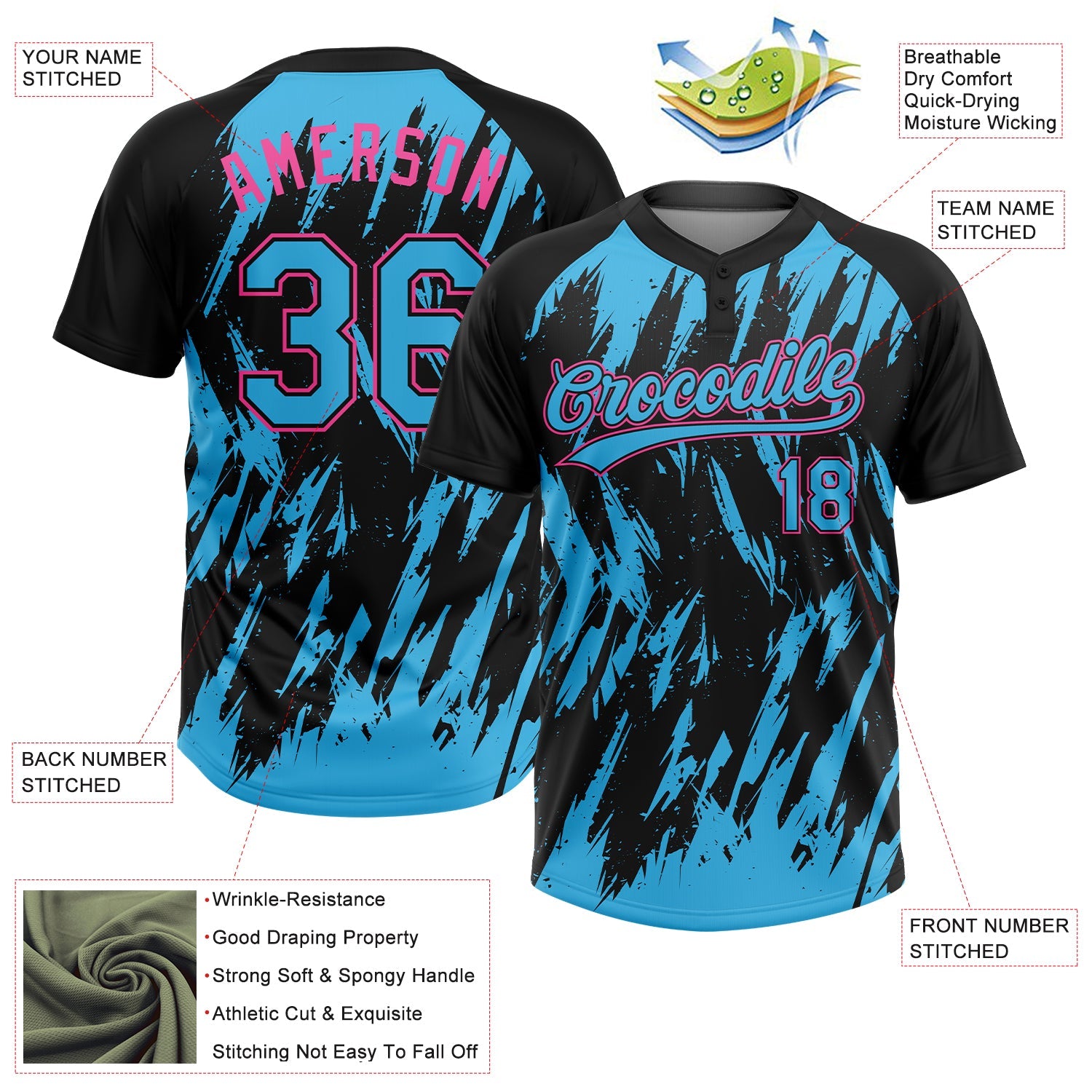 Custom Black Sky Blue-Pink Splatter Torn Sharp Brush Stroke Two-Button Unisex Softball Jersey view 3